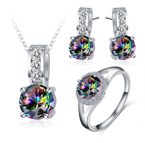 Glamorous Rainbow Mystic Cubic Zircon Silver Color Jewelry Sets