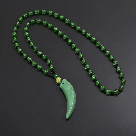 Chinese Style Imitation Jade Wolf Tooth Pendant Necklace Sweater Chain Fashion Jewelry Carved Blessing Amulet Gifts for Men