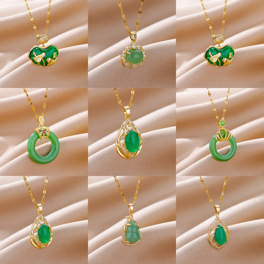 Vintage Green Jade Pendant Necklaces For Women Stainless Steel Chain Gold Color Luxury Zircon Necklace Jewelry bijoux femmes