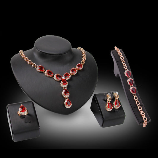 Charming Red Gemstone Jewelry Four-piece Set European And American Wedding Accessories