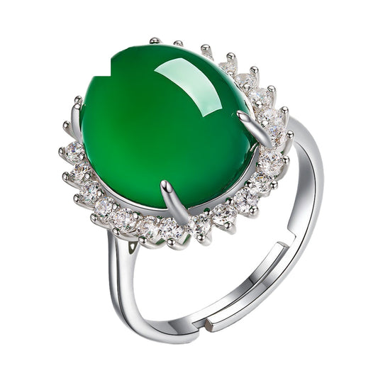 Silver Color Emerald Jade Rings Green Chalcedony