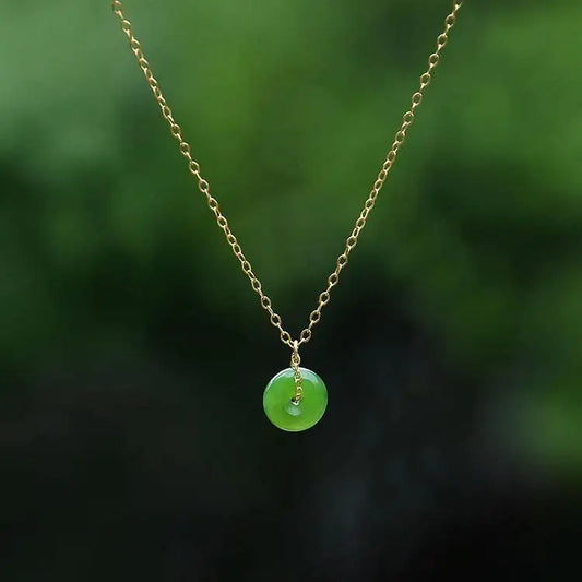 New Hetian Jade Green Jade Necklace Peace Buckle Jade Pendant Gold Color Clavicle Chain Female Accessories Gift Niche AXL102
