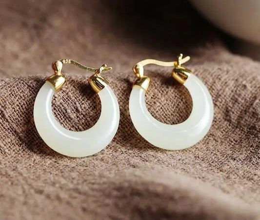 Natural White Jade Crescent Hoop Earrings Women Fine Jewelry Genuine Hetian Jades Nephrite Crescent Moon Dangle Earring