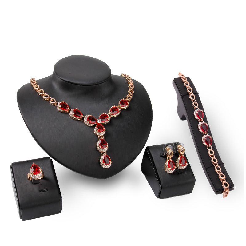 Charming Red Gemstone Jewelry Four-piece Set European And American Wedding Accessories