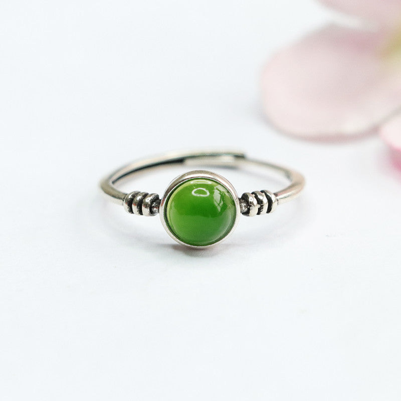 Silver Inlaid Natural Hetian Jade Jasper Ring Jewelry