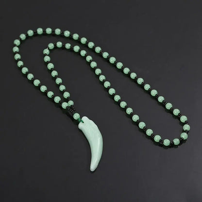 Chinese Style Imitation Jade Wolf Tooth Pendant Necklace Sweater Chain Fashion Jewelry Carved Blessing Amulet Gifts for Men