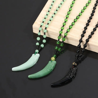 Chinese Style Imitation Jade Wolf Tooth Pendant Necklace Sweater Chain Fashion Jewelry Carved Blessing Amulet Gifts for Men