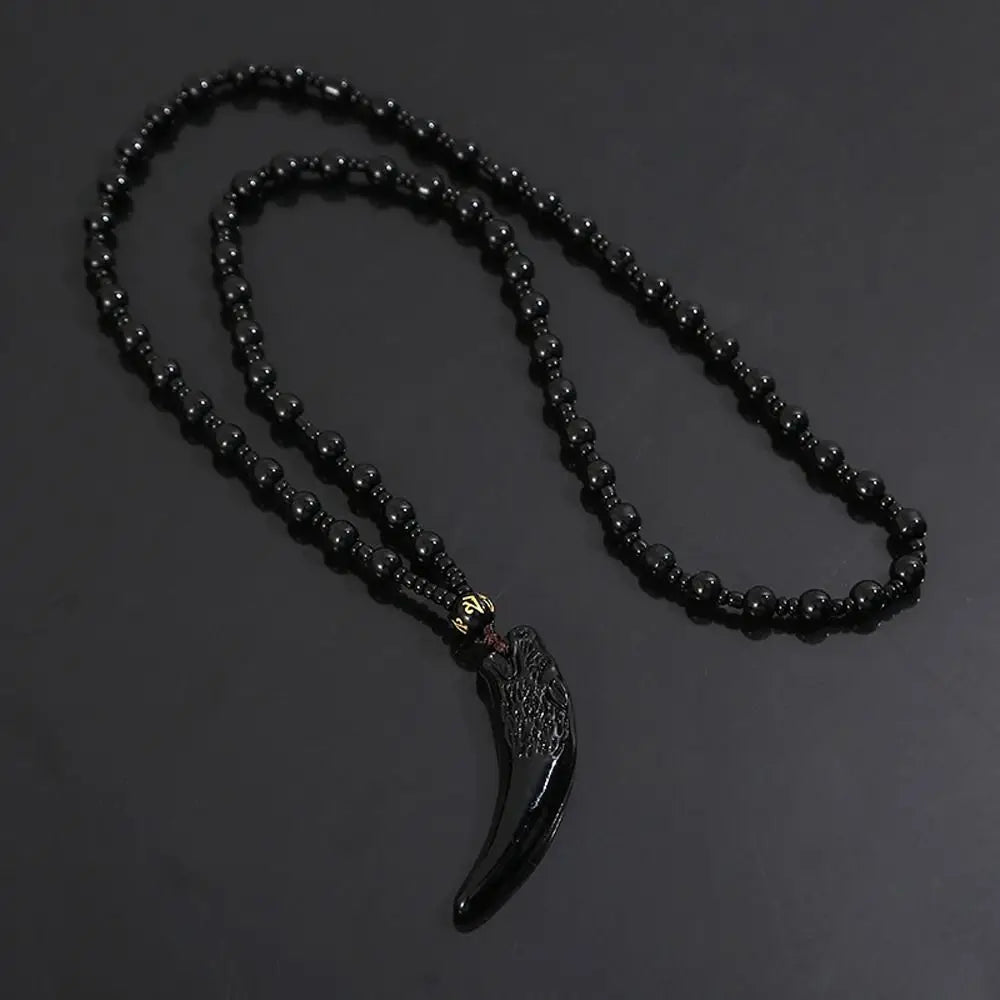 Chinese Style Imitation Jade Wolf Tooth Pendant Necklace Sweater Chain Fashion Jewelry Carved Blessing Amulet Gifts for Men