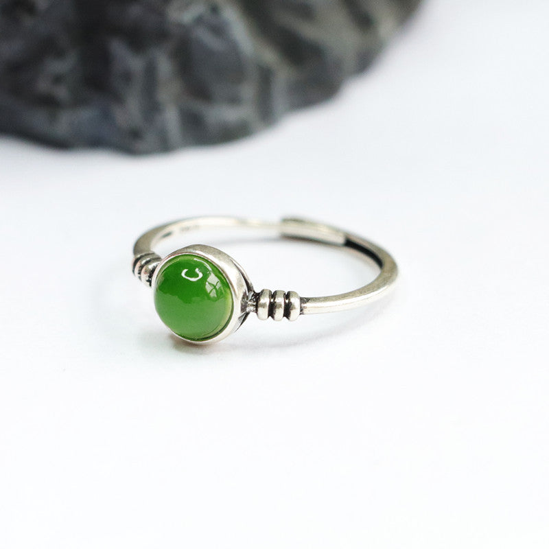 Silver Inlaid Natural Hetian Jade Jasper Ring Jewelry