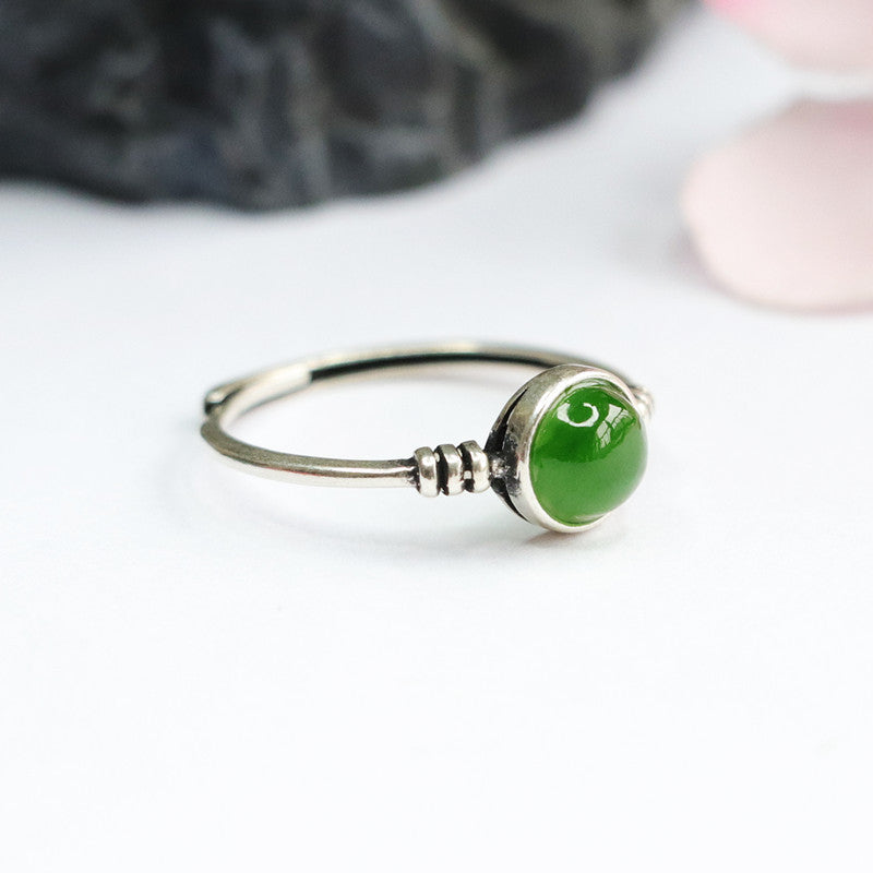 Silver Inlaid Natural Hetian Jade Jasper Ring Jewelry