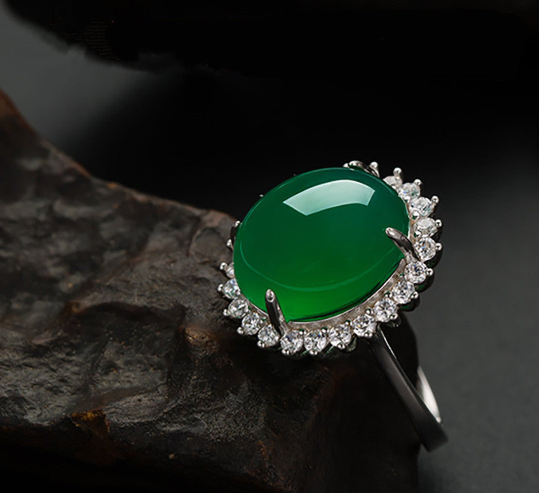 Silver Color Emerald Jade Rings Green Chalcedony