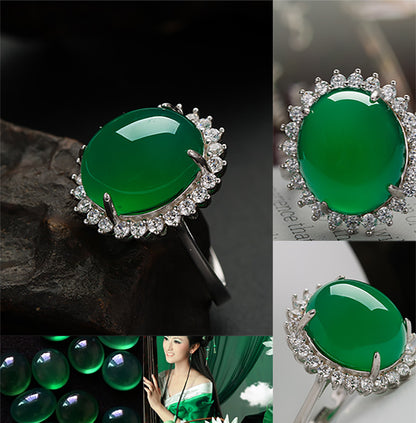 Silver Color Emerald Jade Rings Green Chalcedony